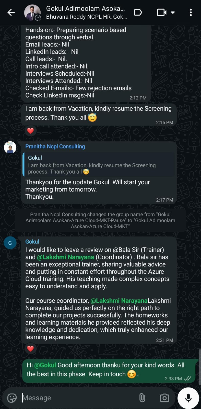 Azure Data Engineering Training Appreciation